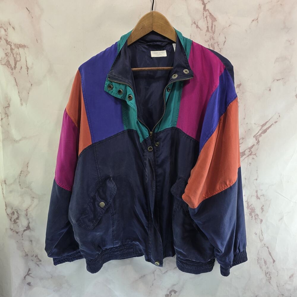 Vintage Silk Jacket Men Large Blue Teal Pink Coat Windbreaker 80s 90s Colorblock